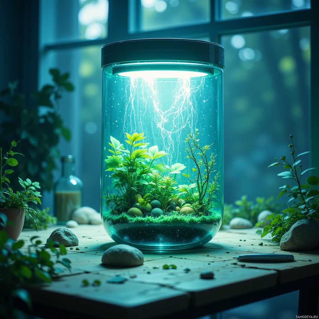 A terrarium with plants and rocks inside a glass jar on a table.