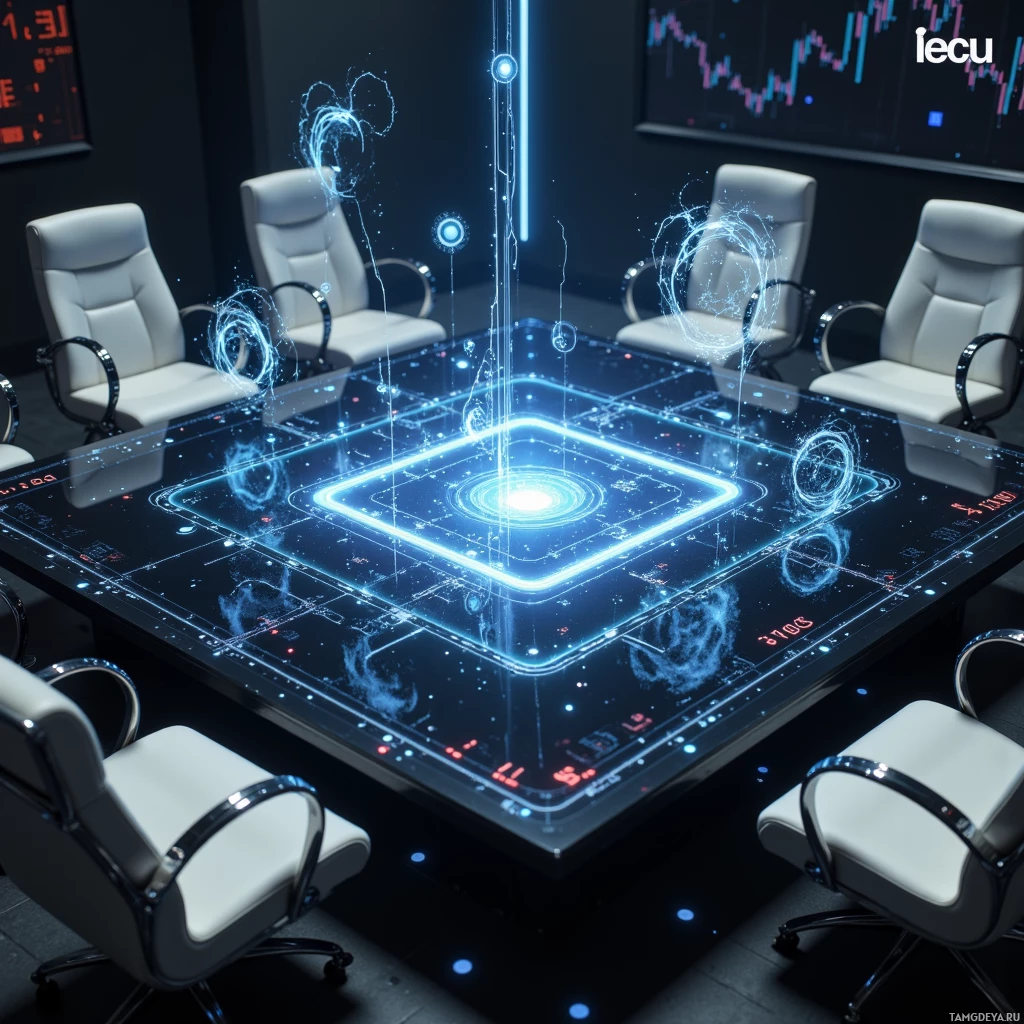A futuristic conference room with a high-tech table and holographic elements.