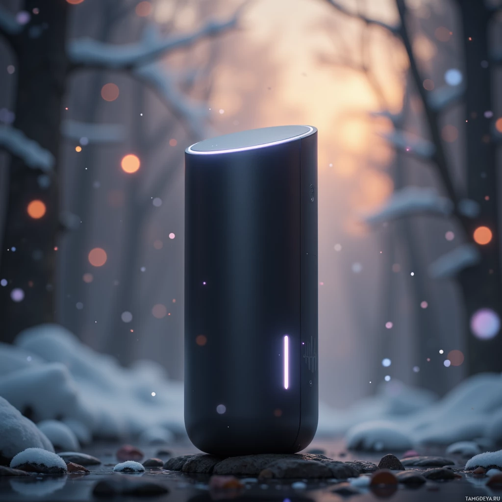 A sleek, black cylindrical device with glowing elements sits on a snowy forest floor.