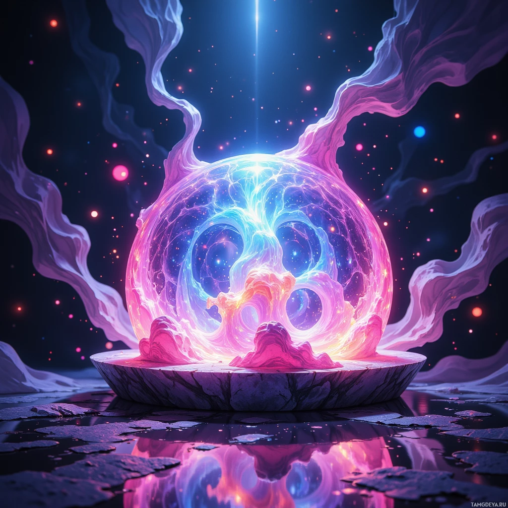 A glowing, ethereal sphere with swirling energy and particles, set against a cosmic background.