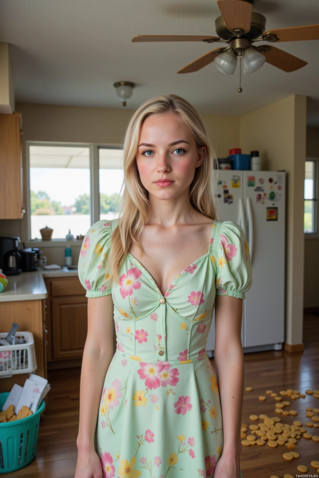 A person stands in a kitchen wearing a light green floral dress.
