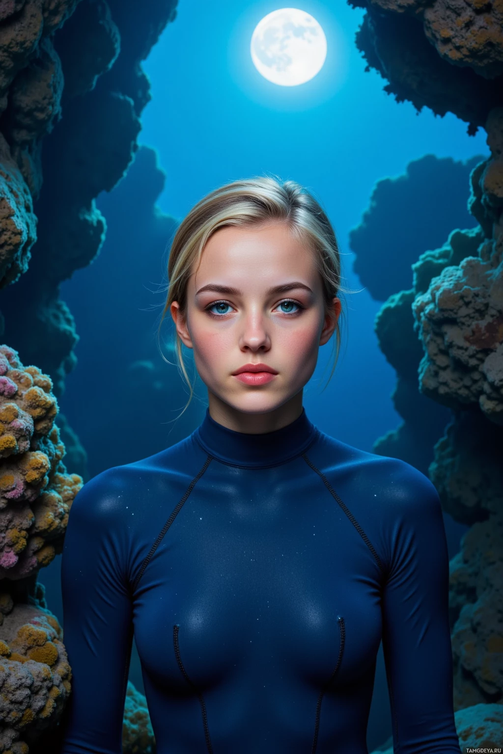 A person in a blue wetsuit stands in an underwater scene with coral and a full moon above.