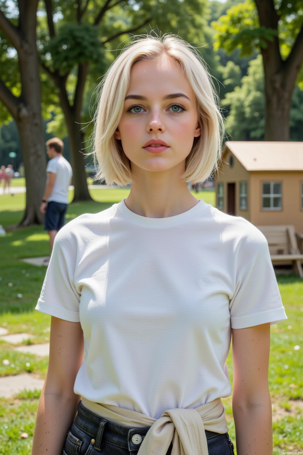 A person with short blonde hair wearing a white t-shirt and jeans stands in a park with trees and a small house in the background.