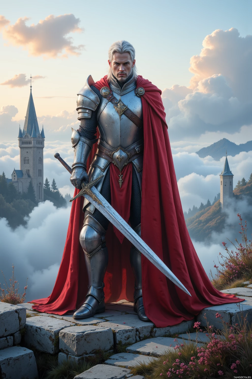 A knight in silver armor with a red cape stands on stone steps, holding a sword, with a castle and misty mountains in the background.
