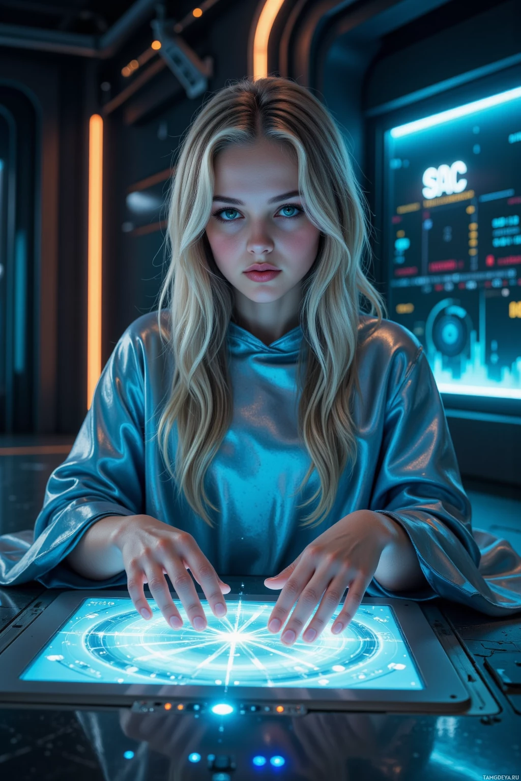 A person in a futuristic setting interacts with a glowing, high-tech interface.