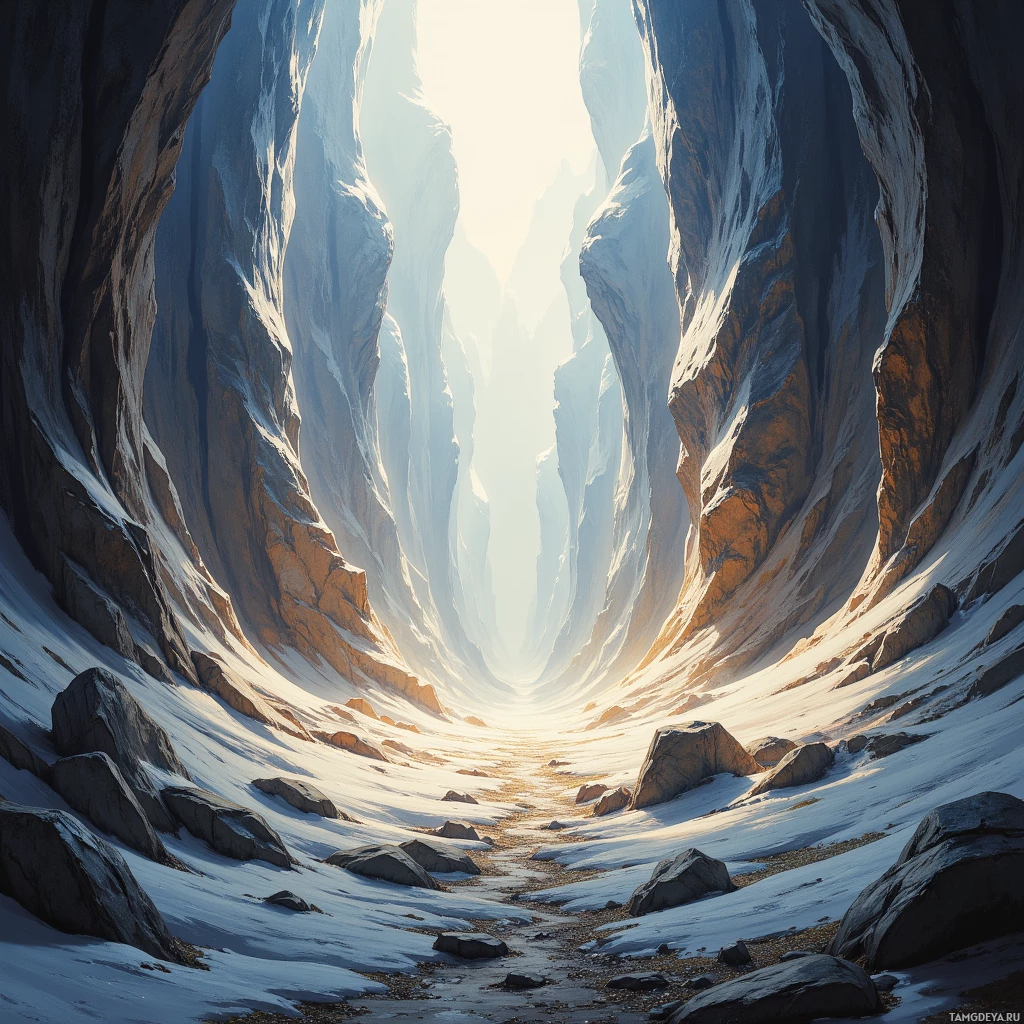 A narrow, snow-covered canyon with towering rock walls and a bright light at the end.