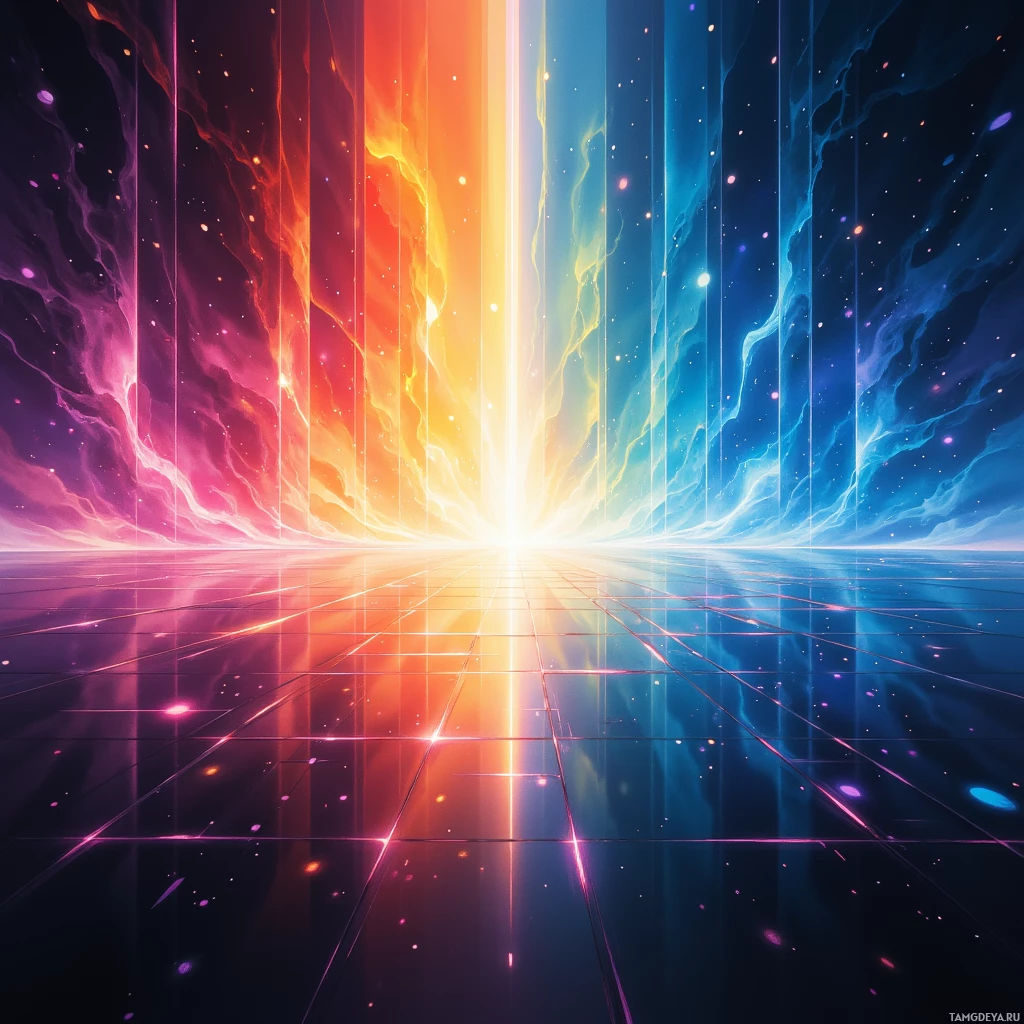 A vibrant cosmic scene with radiant beams of light and glowing particles.