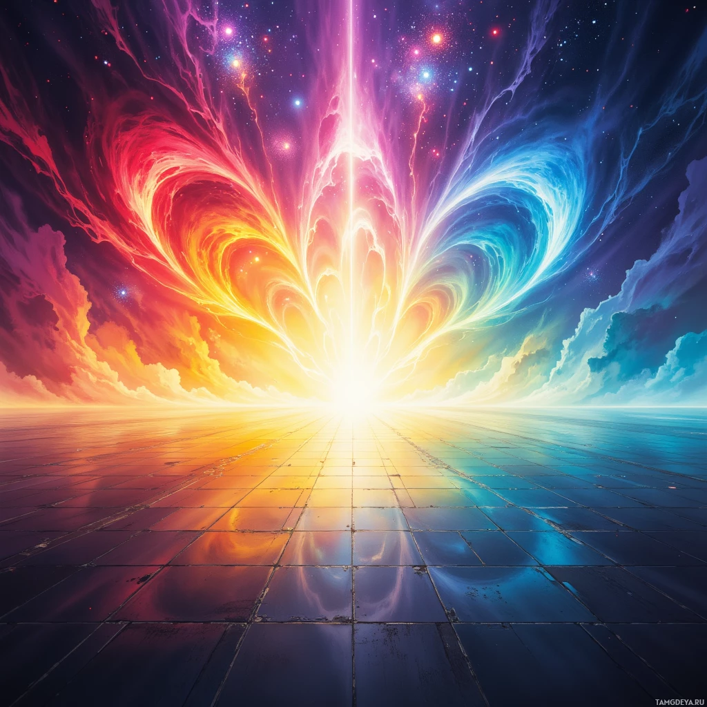 A vibrant cosmic scene with swirling colors and a bright light source at the center.