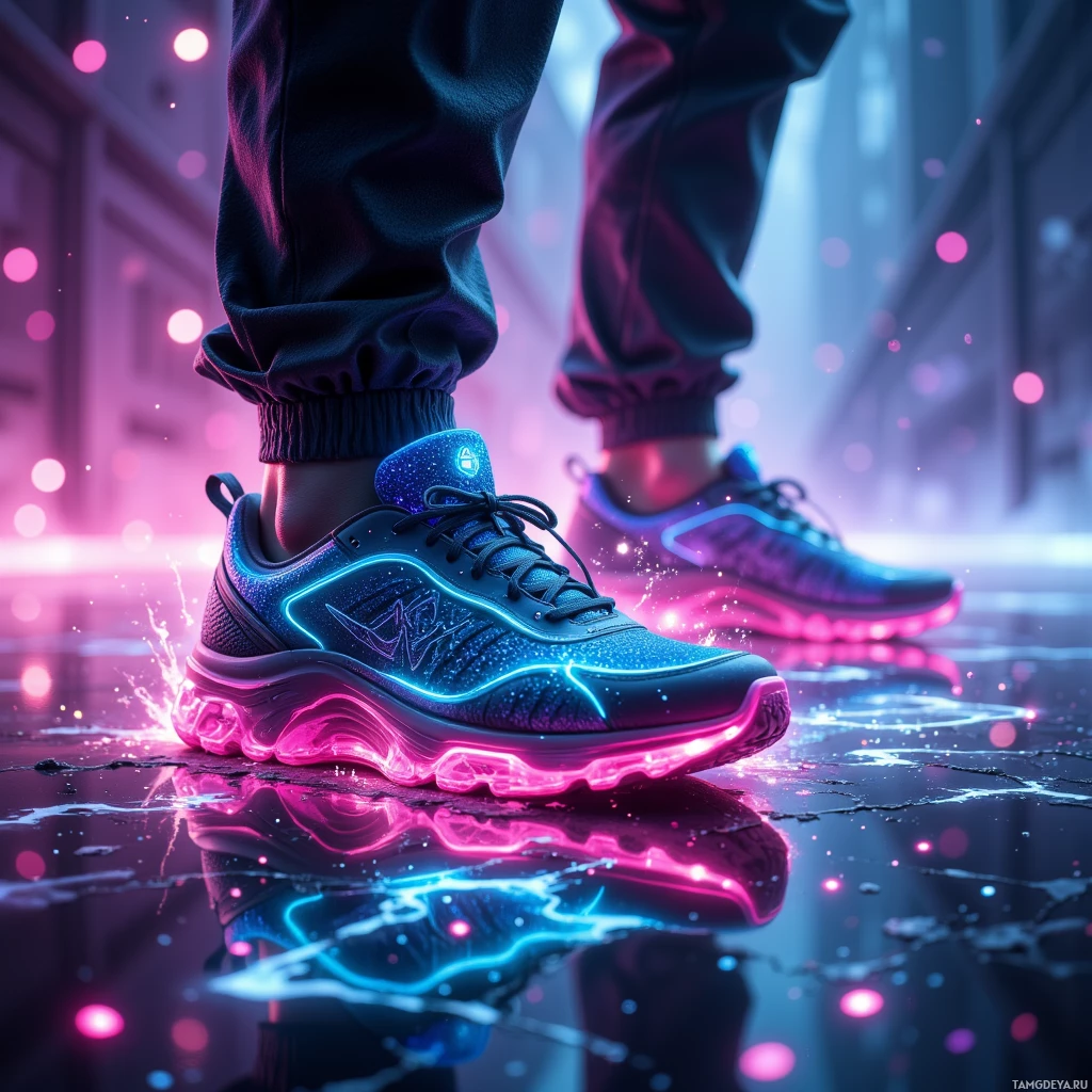 A person wearing glowing blue and pink sneakers stands on a reflective surface with colorful lights in the background.