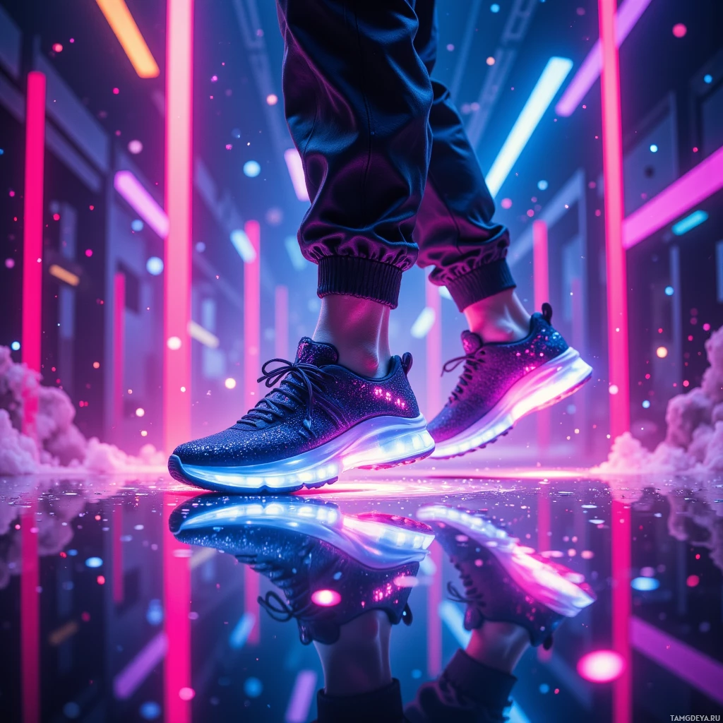 A person wearing glowing sneakers stands in a neon-lit corridor.