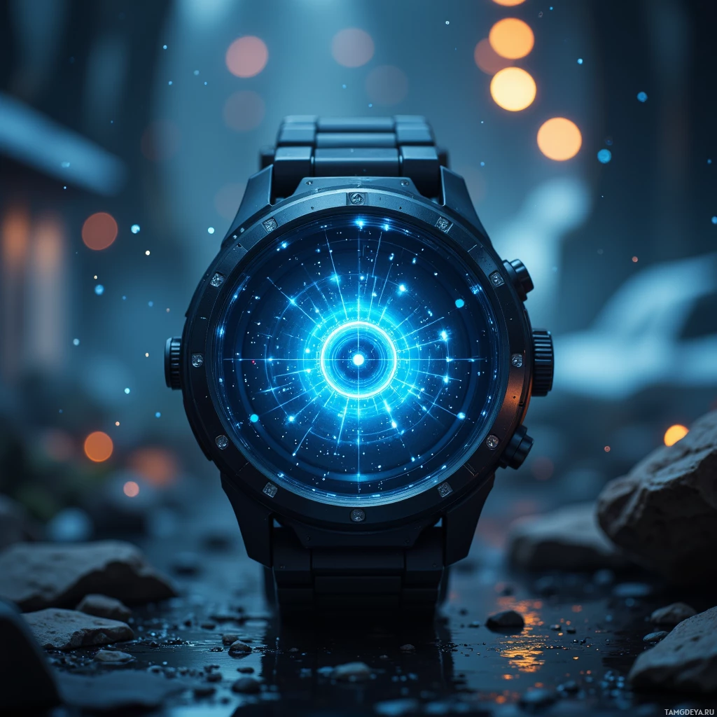 A futuristic watch with a glowing, high-tech face sits on a rocky surface with a blurred, bokeh-lit background.