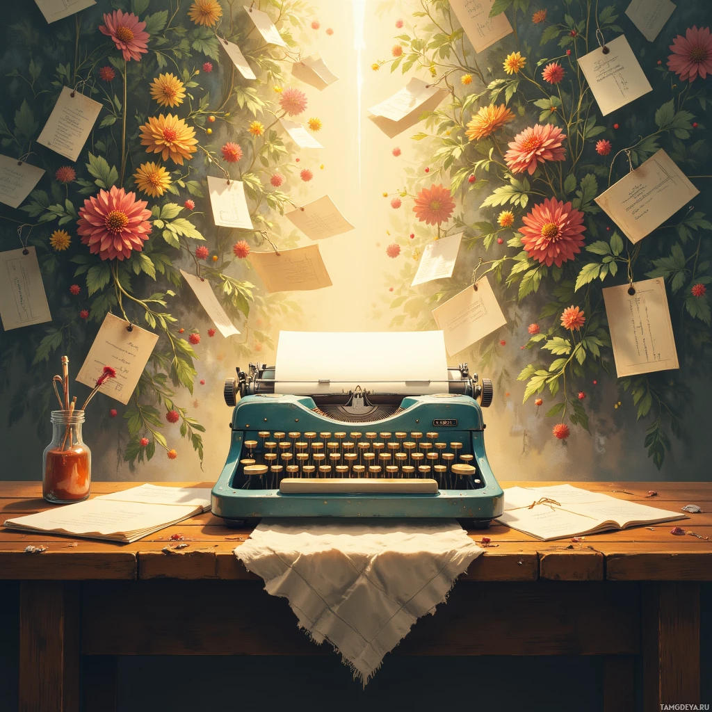 A vintage typewriter sits on a wooden desk surrounded by flowers and hanging notes.