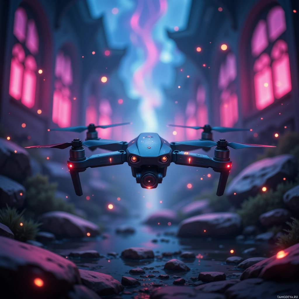 A drone hovers over a rocky stream in a dimly lit, atmospheric setting with glowing lights and arches in the background.