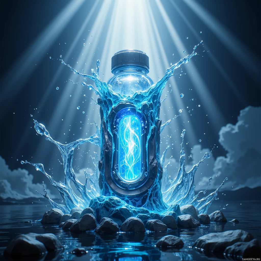 A glowing blue bottle with water splashing around it sits on rocks in a dark, illuminated scene.
