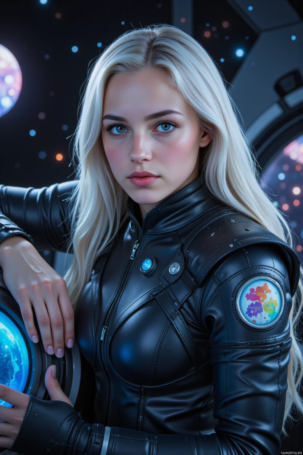 A person with long blonde hair wearing a black leather-like space suit with a colorful patch on the shoulder.