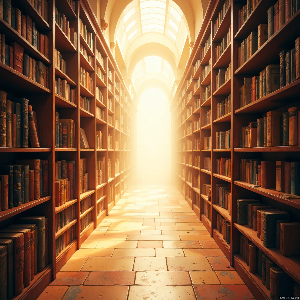 A sunlit library aisle lined with bookshelves.