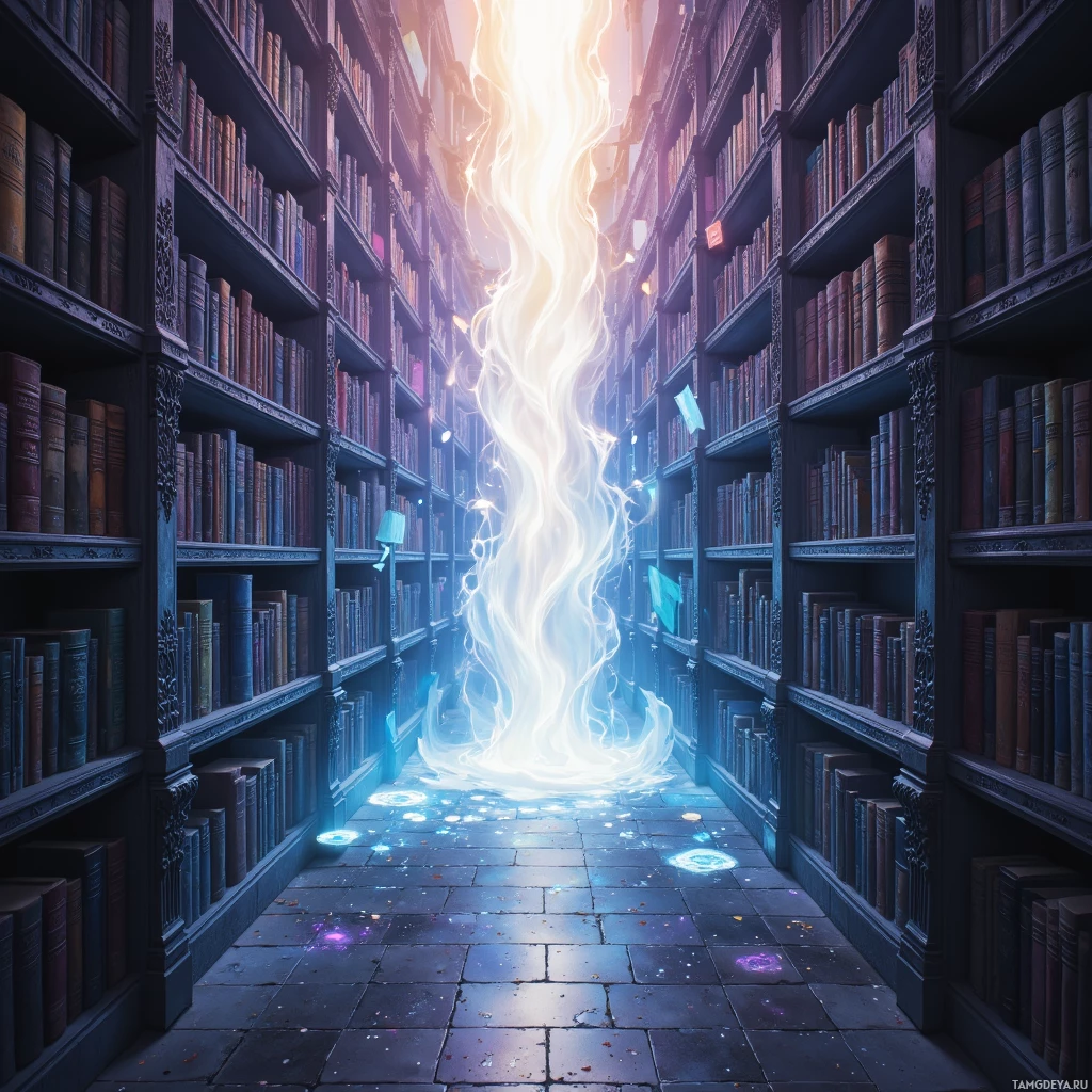 A magical library with glowing light streaming down the aisle.
