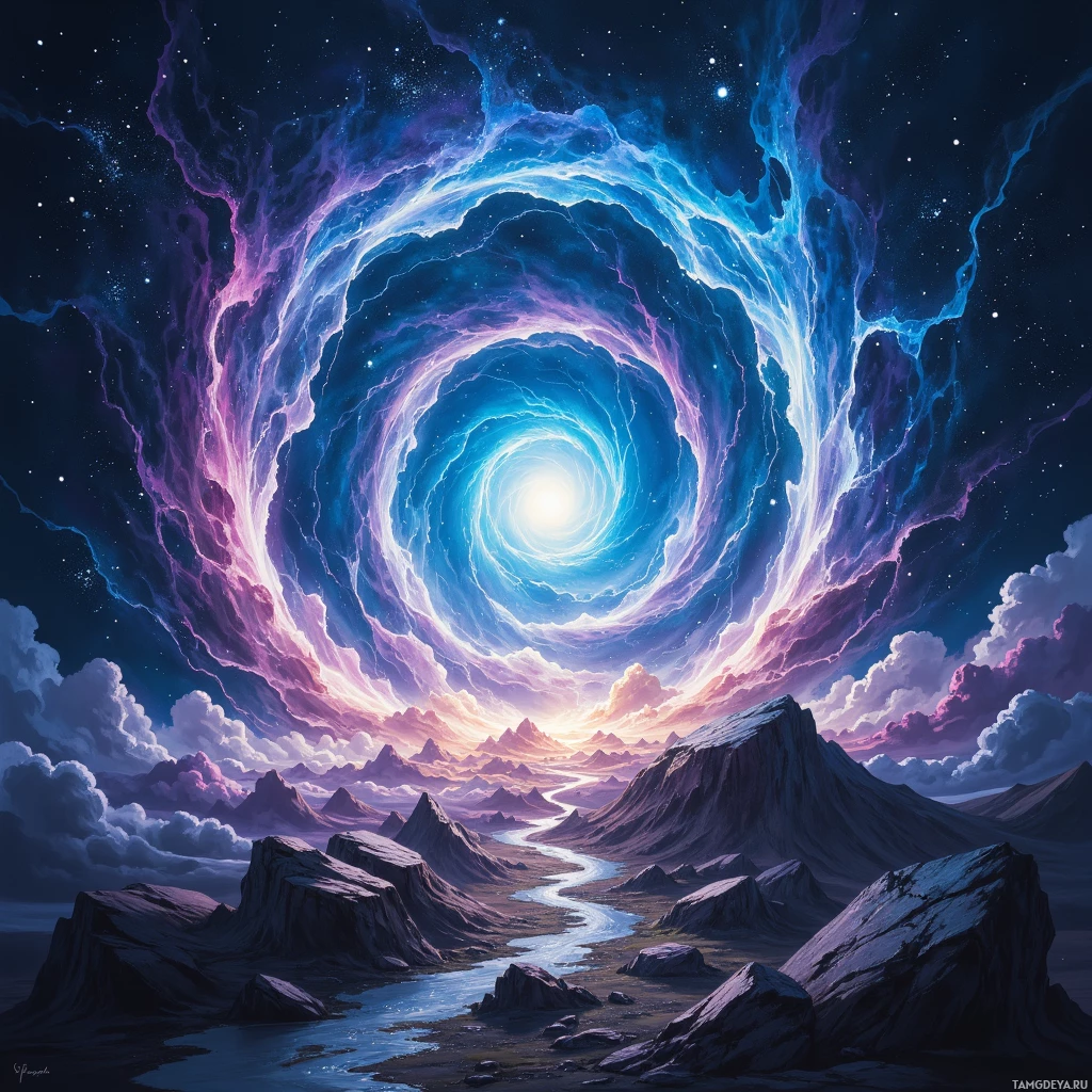 A surreal landscape featuring a glowing, cosmic tunnel in the sky above rugged, rocky terrain.