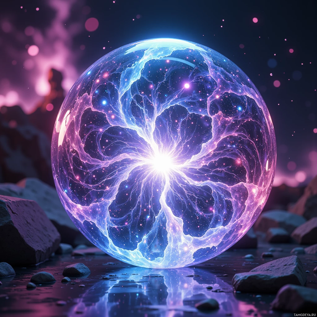 A glowing, ethereal sphere with intricate, glowing patterns sits on a rocky surface against a cosmic backdrop.