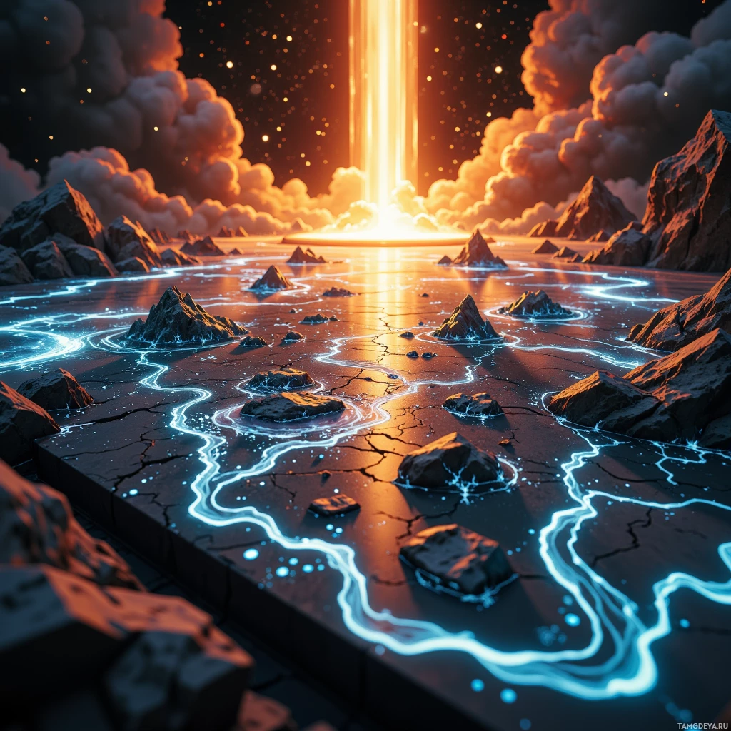 A surreal landscape featuring glowing blue lines, rocky terrain, and a radiant light source in the sky.