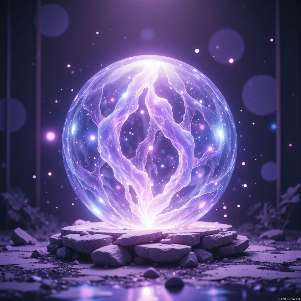 A glowing, ethereal sphere rests on a stone pedestal amidst a dark, starry background.