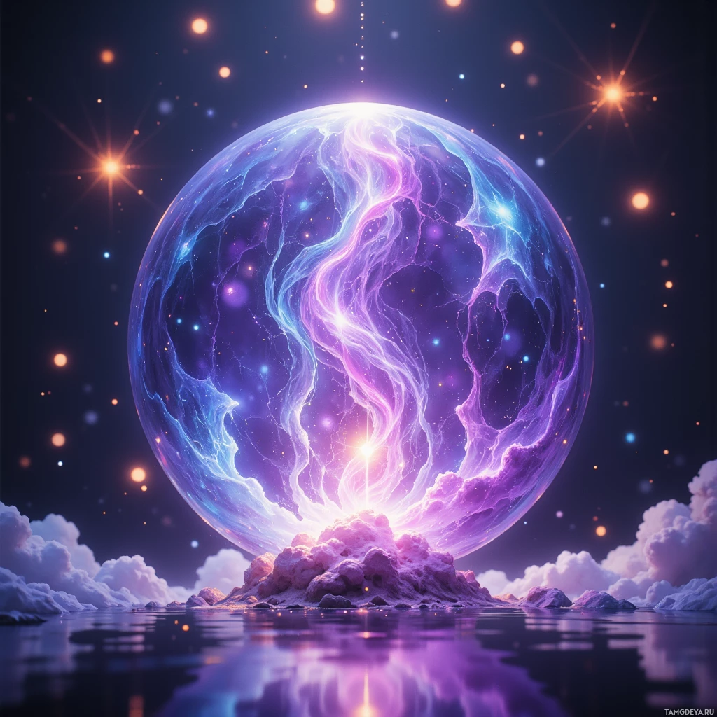 A glowing, ethereal sphere with swirling patterns floats above a reflective surface, surrounded by stars and clouds.