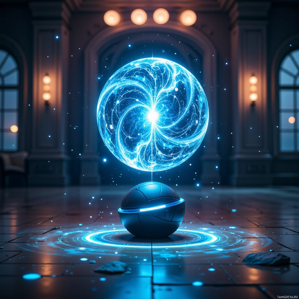 A glowing blue sphere emits light and energy, floating above a dark, tiled floor in a dimly lit room.
