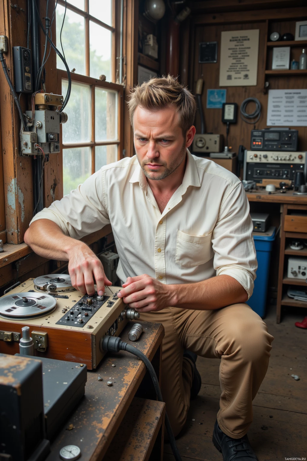 A man is working on a vintage electronic device in a workshop.