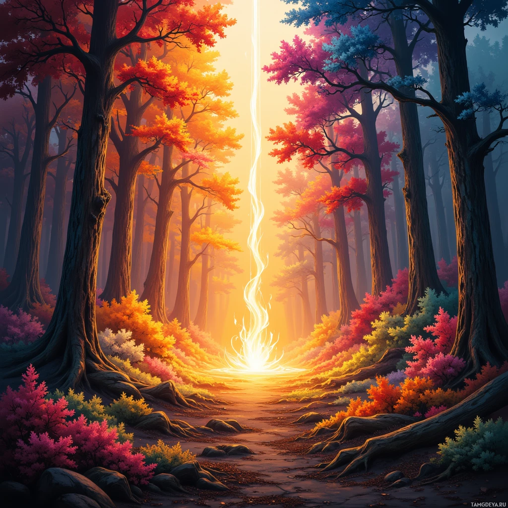 A vibrant forest scene with colorful autumn foliage and a glowing light source in the distance.