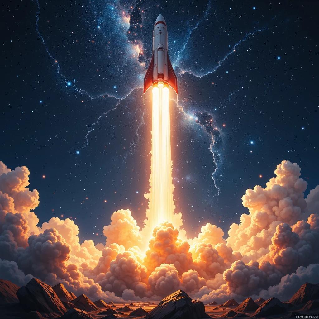 A rocket launches into space, leaving a trail of fire and smoke against a starry sky.