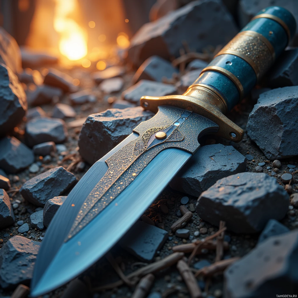 A sword with a blue and gold hilt lies on rocky ground with a glowing fire in the background.
