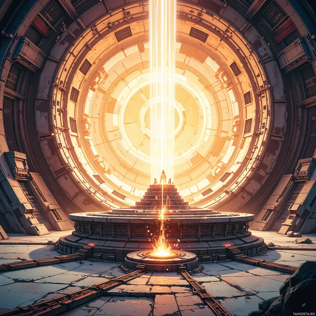 A futuristic circular structure with a glowing central light and intricate architectural details.