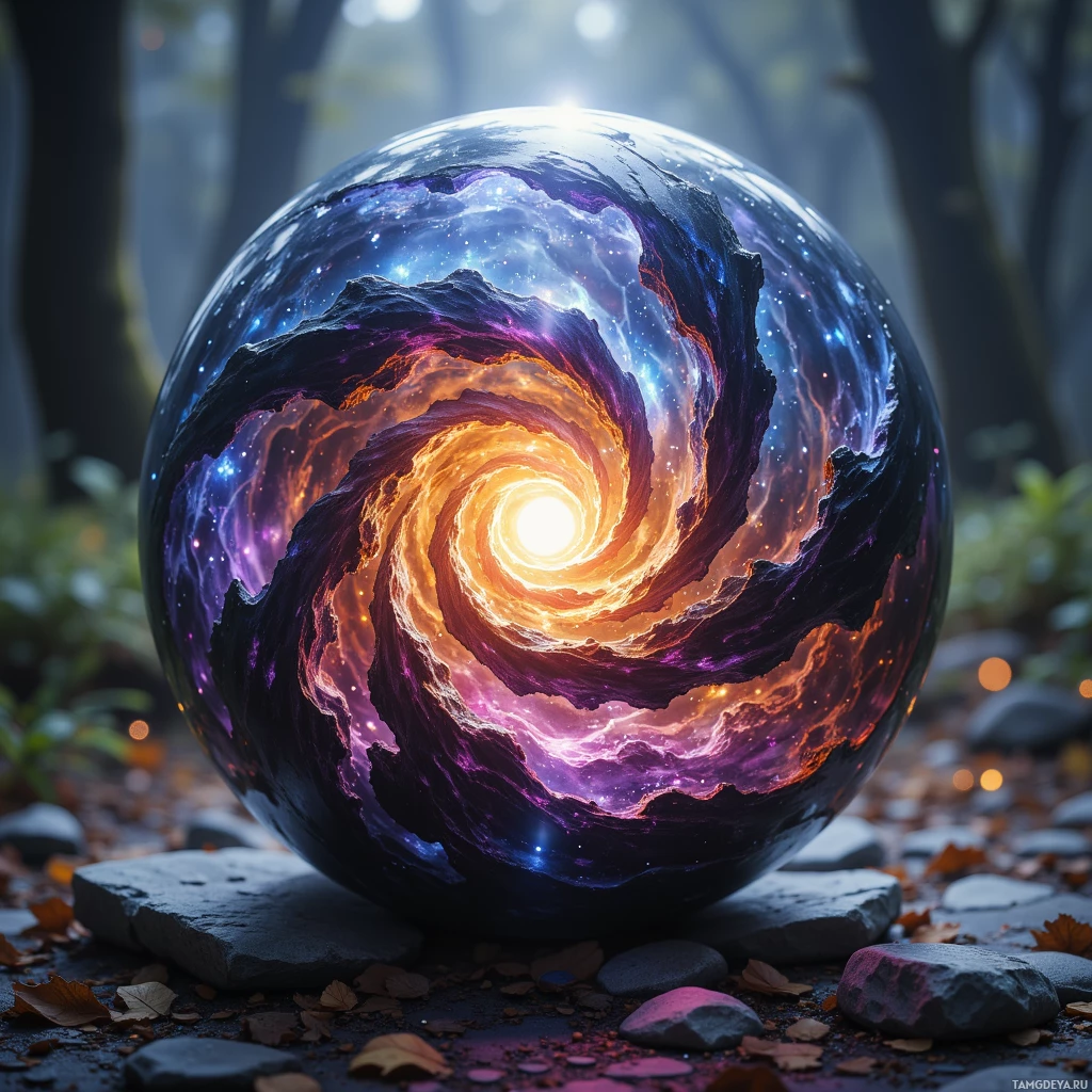 A large, glowing, cosmic sphere with swirling galaxy patterns sits on a forest floor.