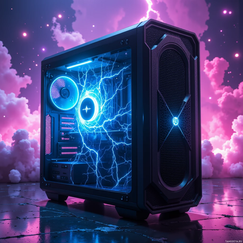 A futuristic computer case with glowing blue and purple lights and a cosmic background.