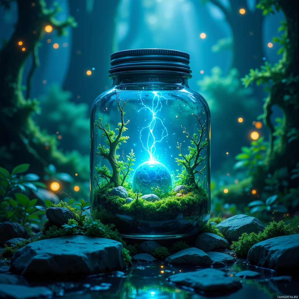 A glass jar containing a miniature forest with glowing elements and a lightning bolt effect.