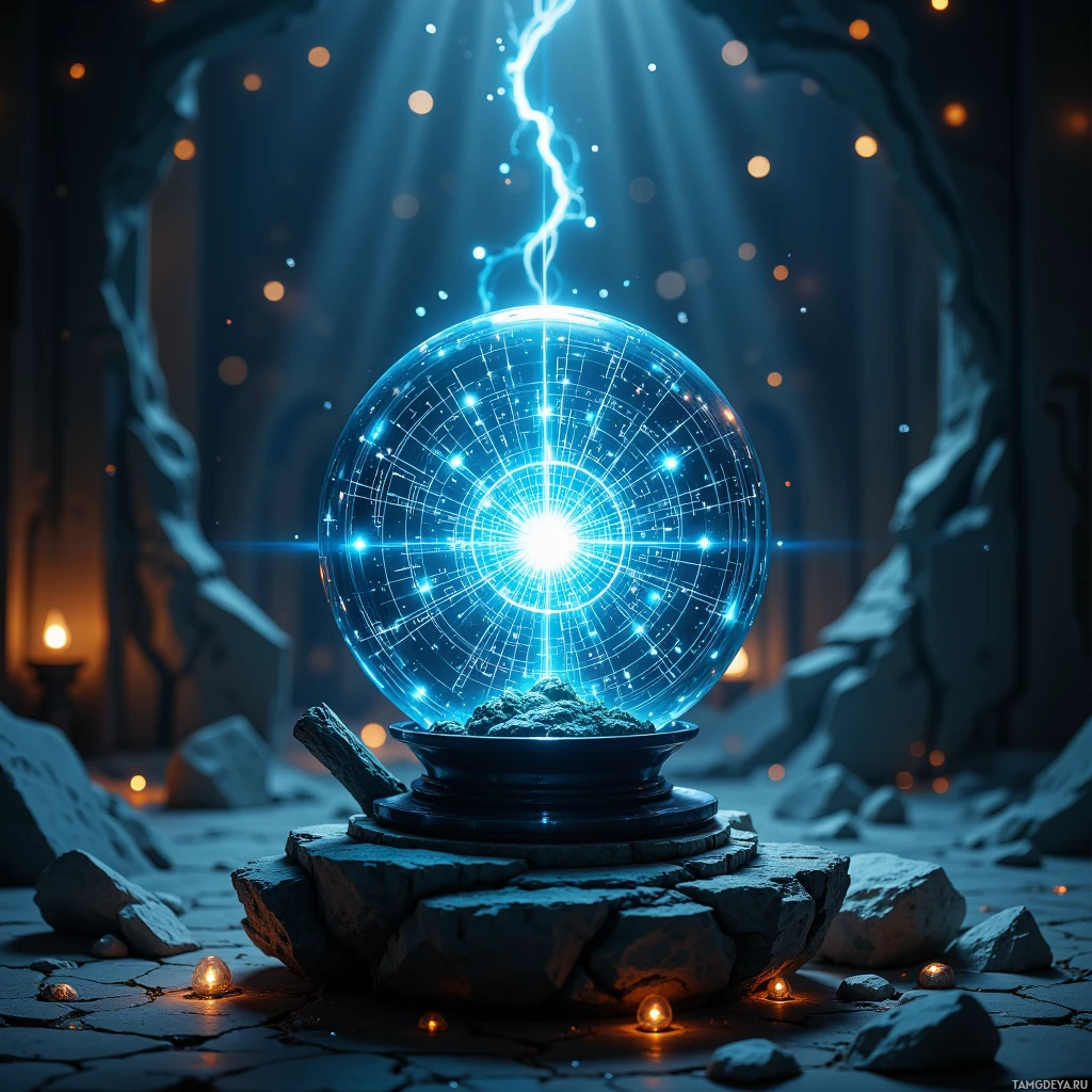 A glowing crystal ball emits light rays in a dark, rocky environment.