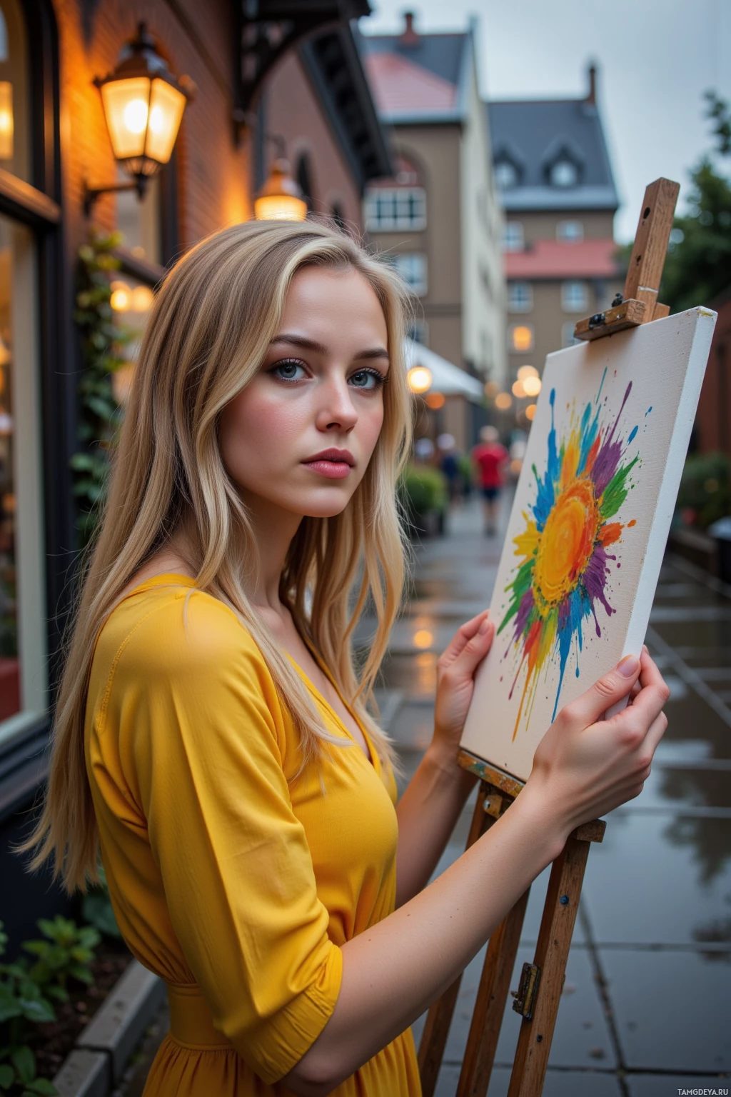 A woman in a yellow dress holds an easel with a colorful painting in an outdoor setting.