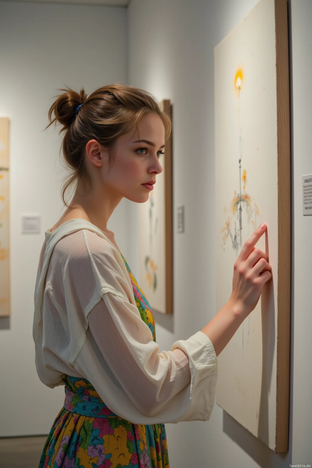 A woman in a floral dress examines a painting in an art gallery.