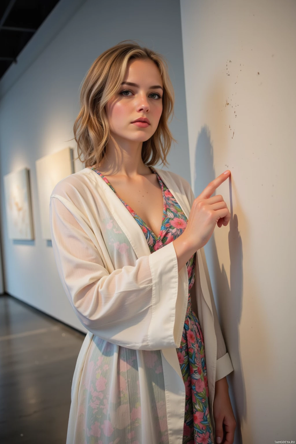 A woman in a floral dress and white cardigan stands in a gallery, pointing at a wall.