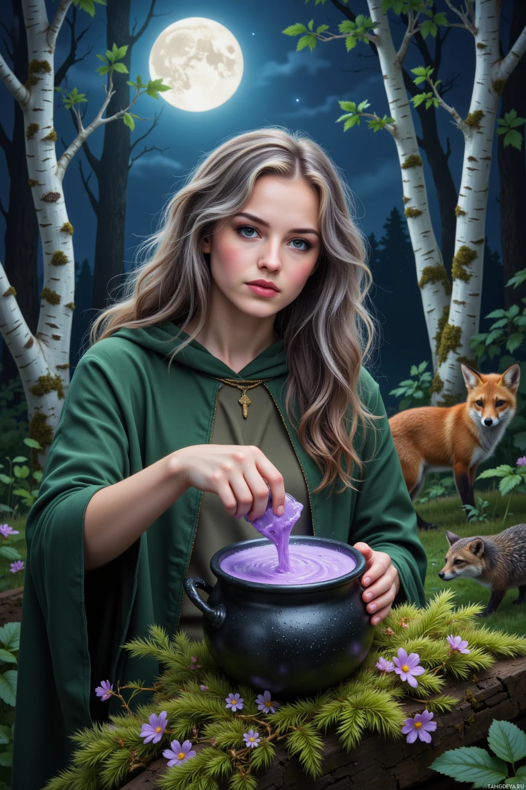 A woman in a green cloak holds a black cauldron with purple liquid, surrounded by a forest scene with a fox and a full moon.