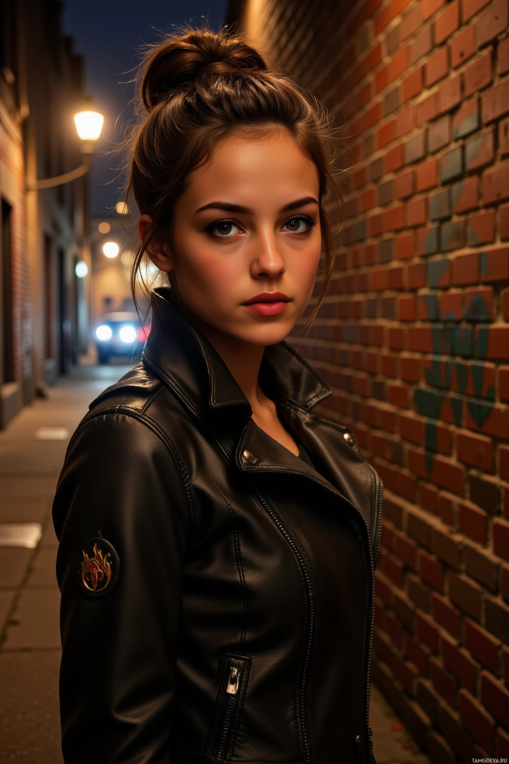 A woman in a leather jacket stands in a dimly lit alleyway at night.
