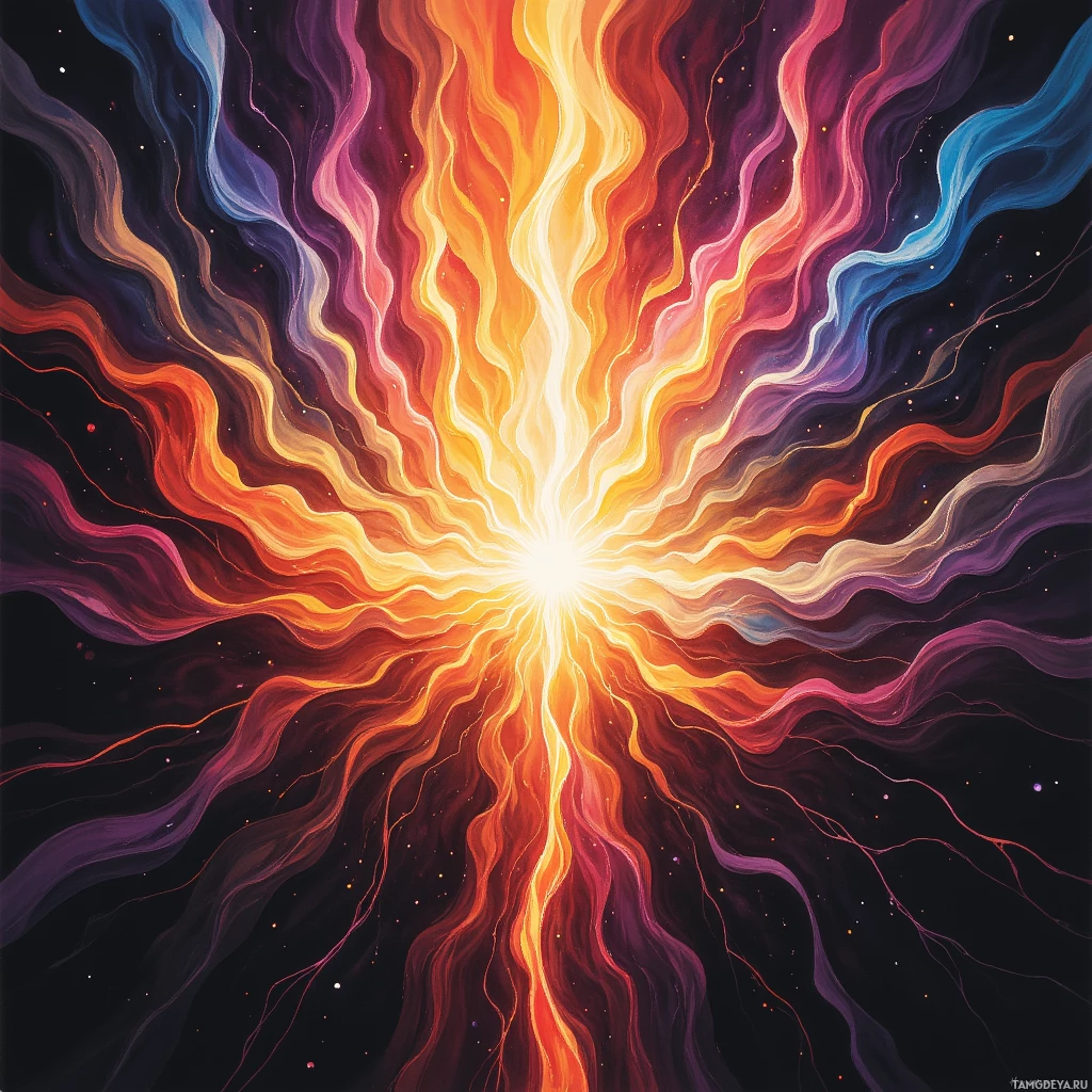 A vibrant cosmic explosion with radiating waves of orange, yellow, and purple against a dark background.