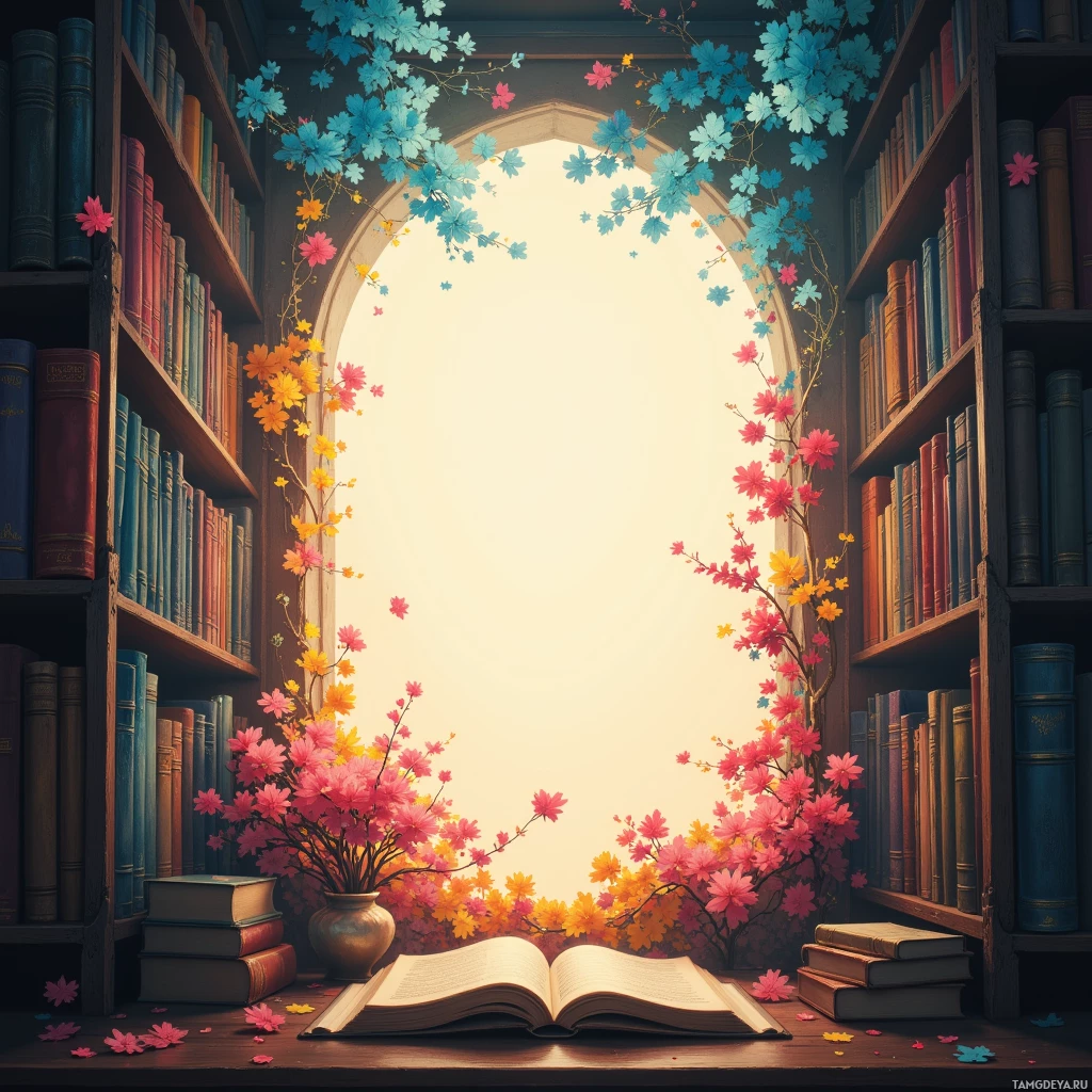 An open book surrounded by vibrant flowers and bookshelves.