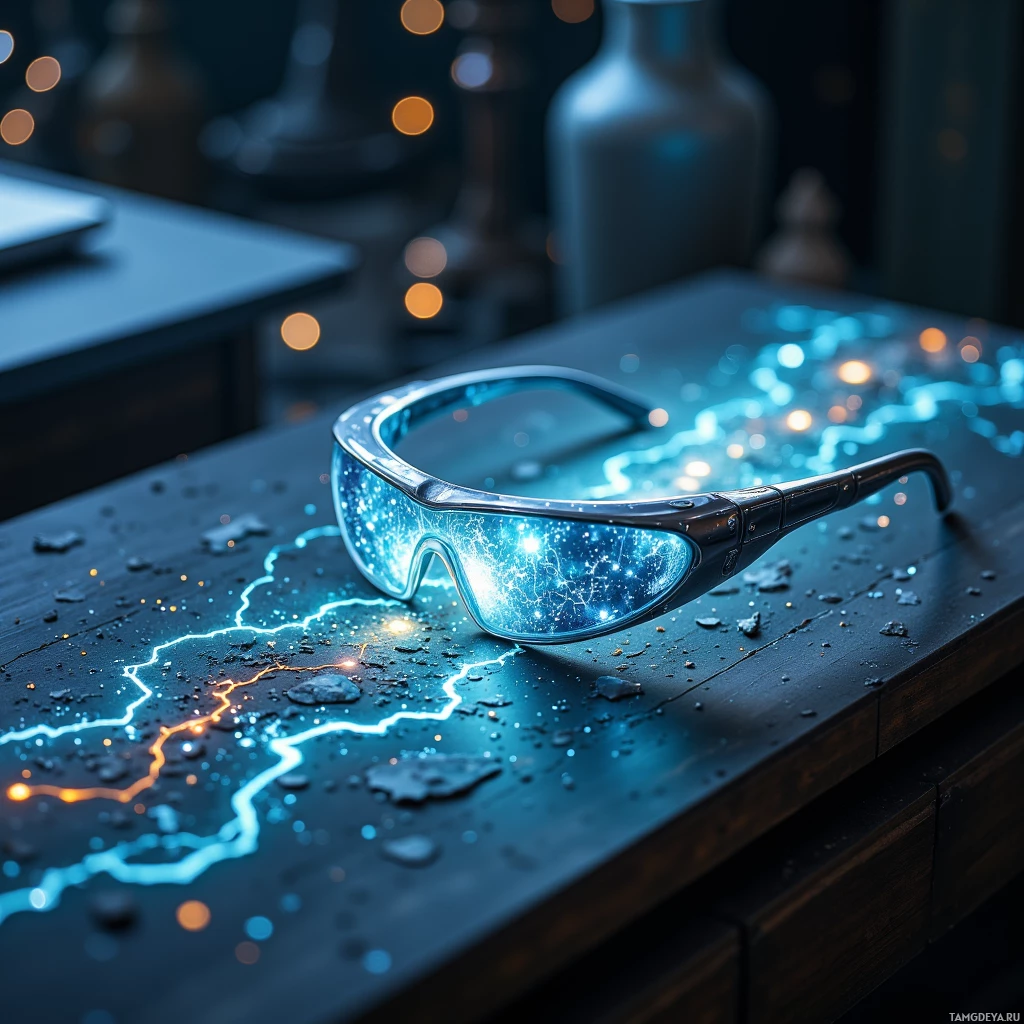 A futuristic pair of glasses with glowing blue and orange light reflections rests on a dark surface.