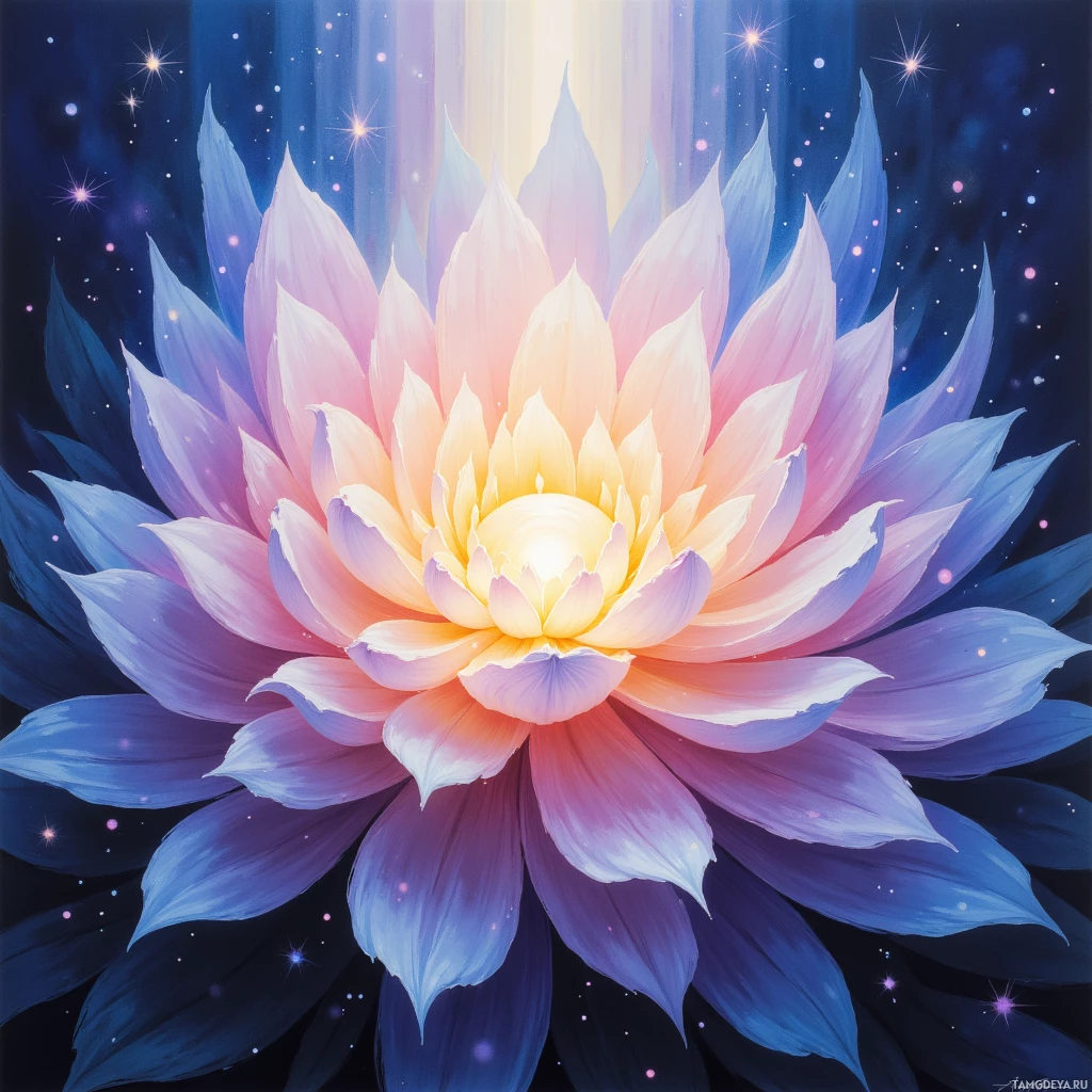A vibrant, multi-colored flower with a glowing center and star-like sparkles against a dark background.