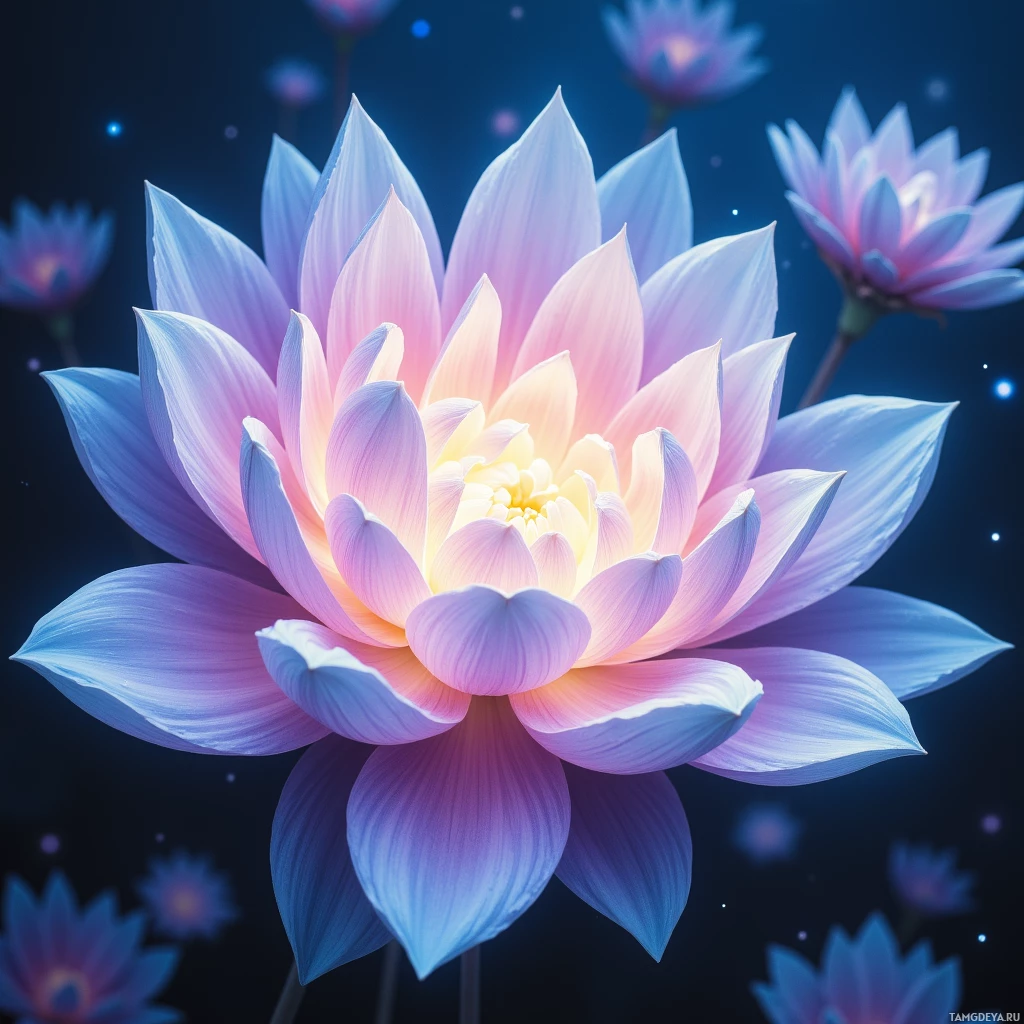 A vibrant, multi-colored flower with delicate petals against a dark, starry background.