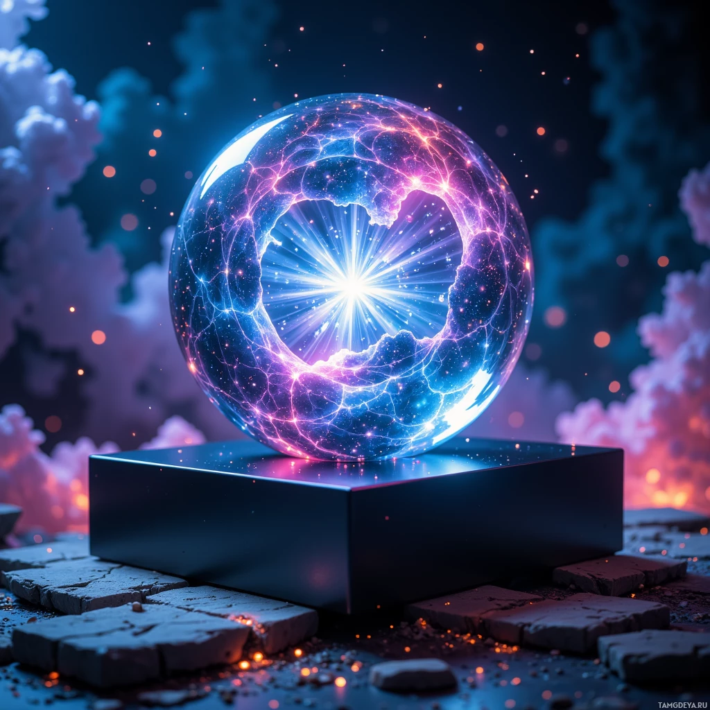 A glowing, ethereal sphere with a cosmic design sits atop a dark pedestal, surrounded by a dreamy, starry sky.