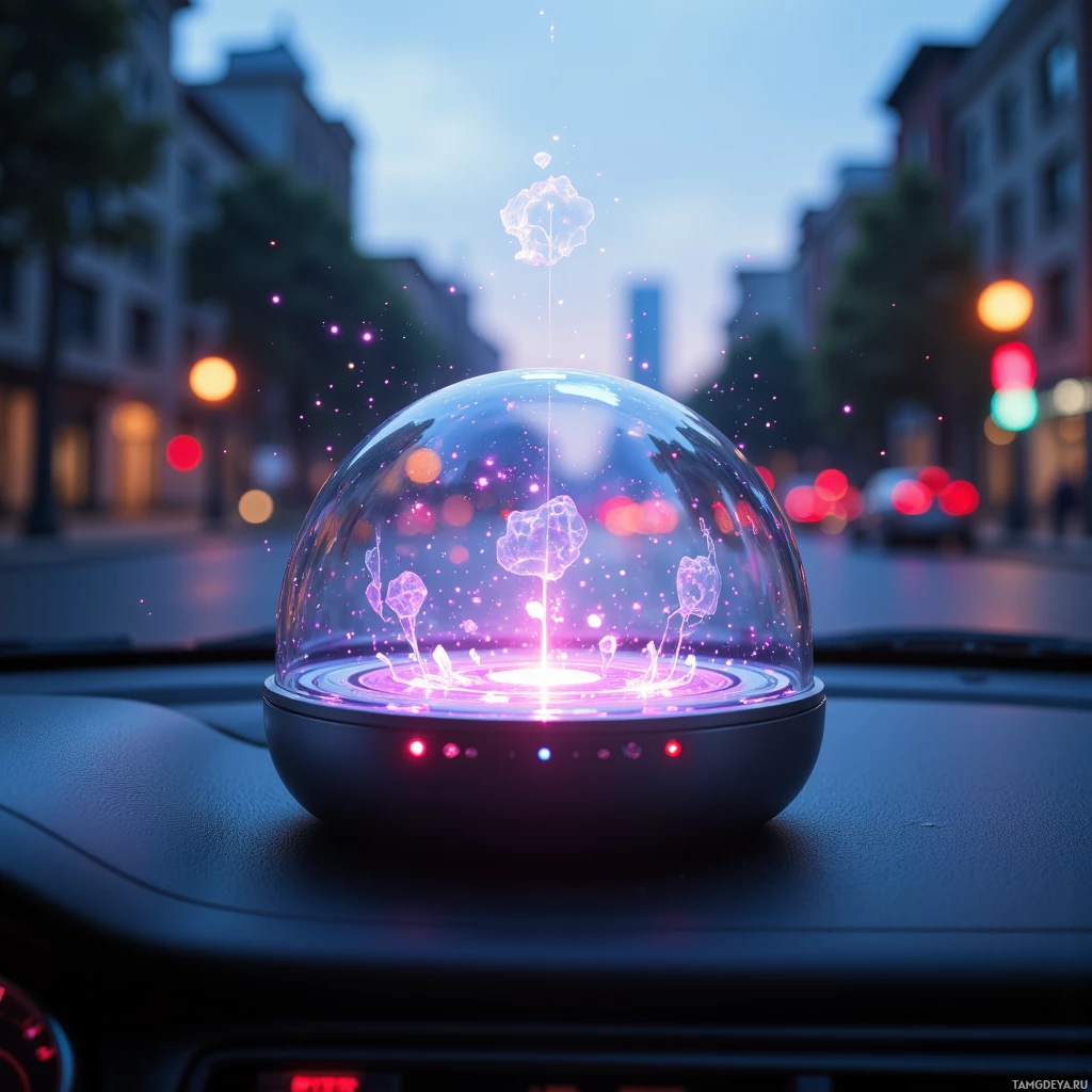 A glowing, futuristic device with a transparent dome sits on a car dashboard, emitting purple and pink lights.
