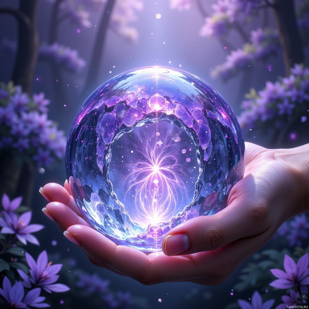 A hand holds a glowing, purple crystal ball amidst a backdrop of purple flowers and soft light.