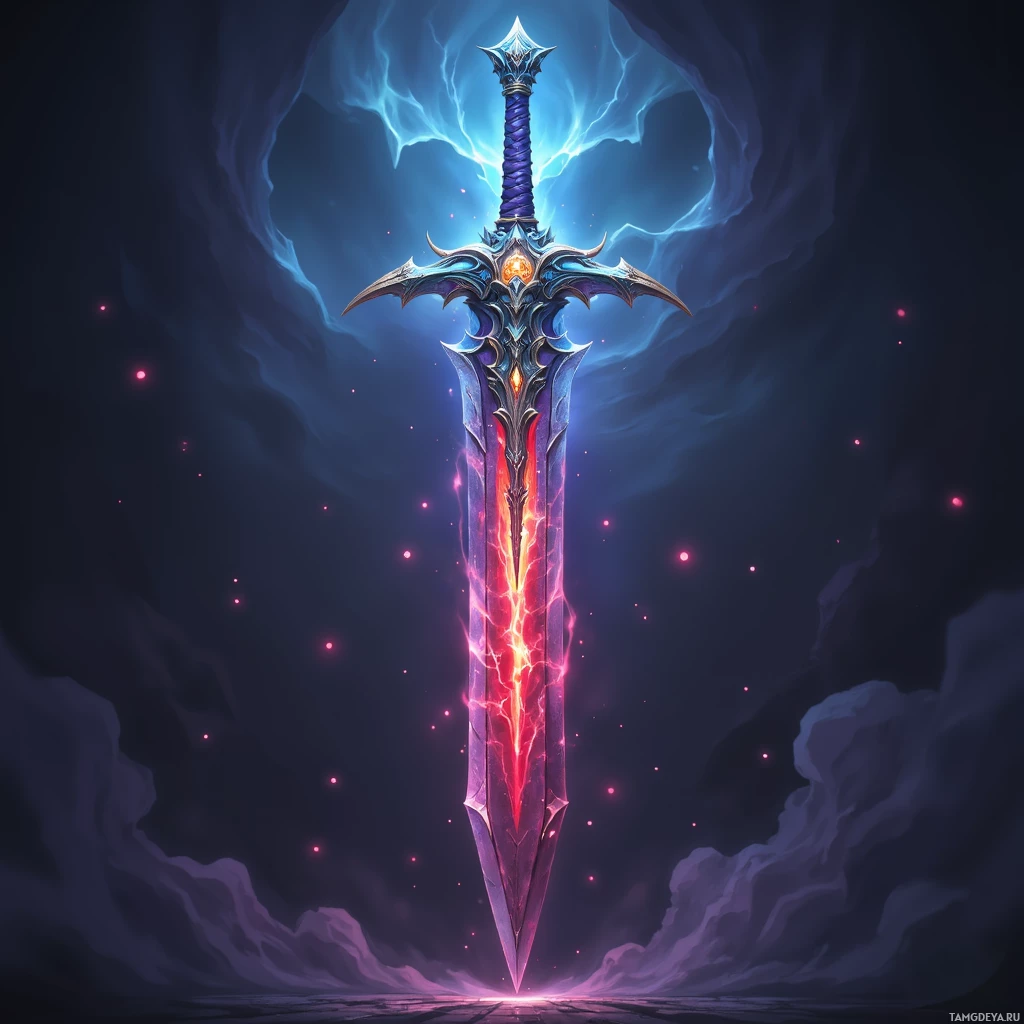 A glowing, ornate sword with a blue and purple aura stands against a dark, starry background.